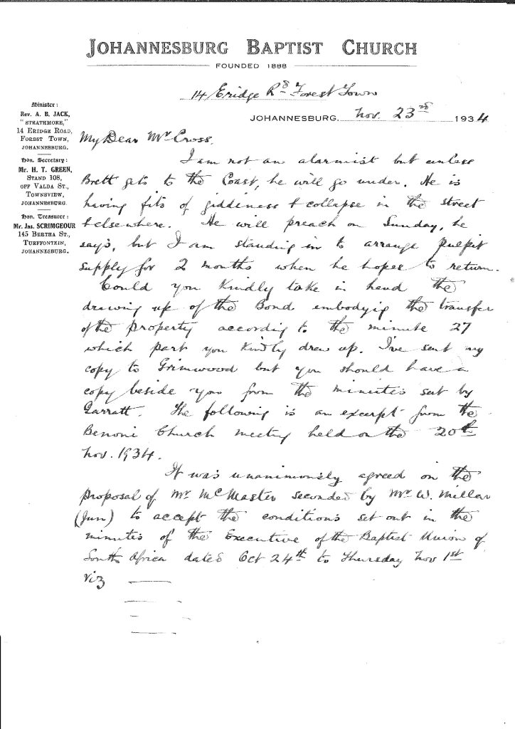 Letter regarding A.B. Brett and the church property