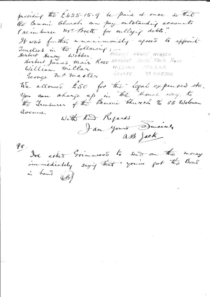 Letter regarding A.B. Brett and the church property